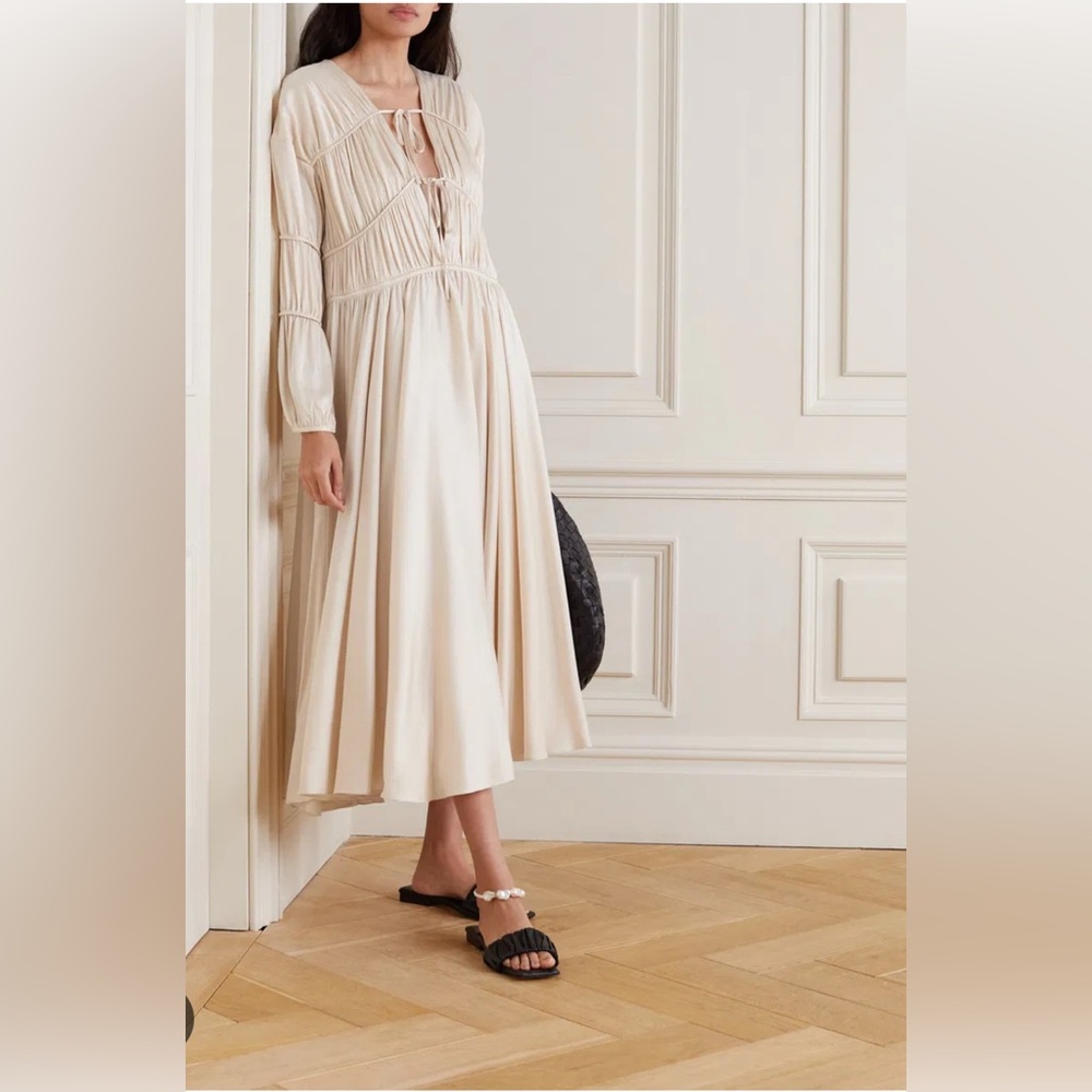 TOVE Cream Long Sleeve Silk Midi Dress